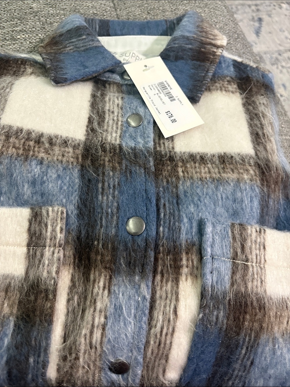 Z Supply Blue and Brown Plaid Snap-Front Jacket 19”p2p 23”L